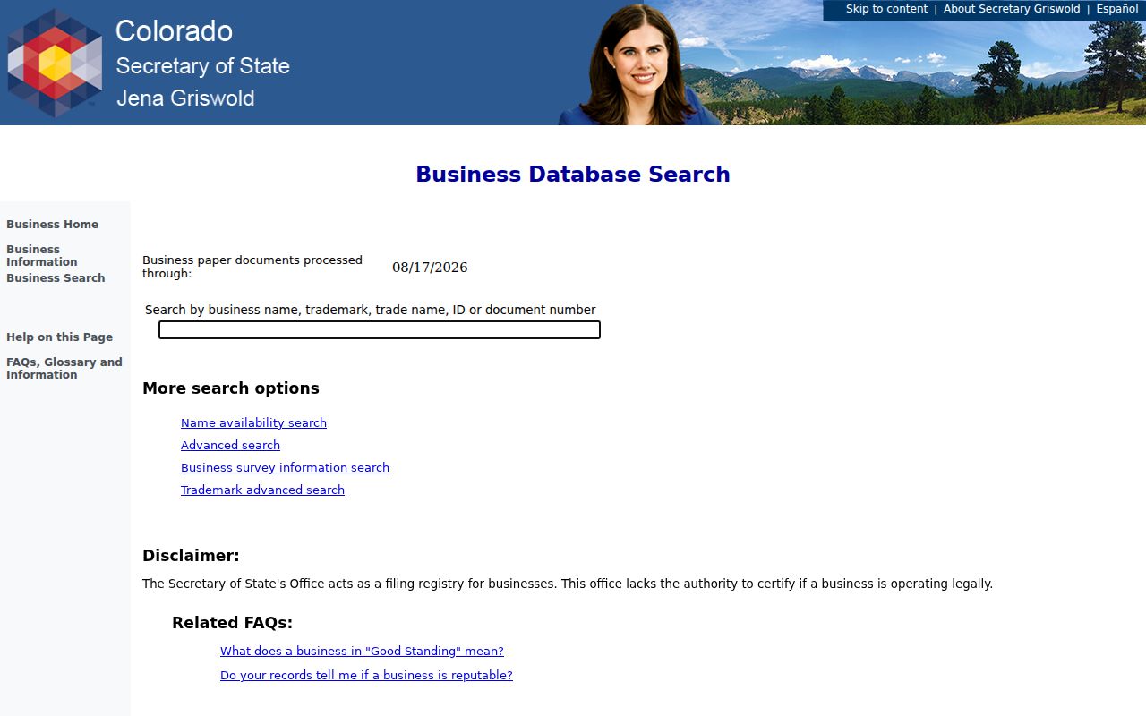 Windsor residents directory view of Colorado Secretary of State business search