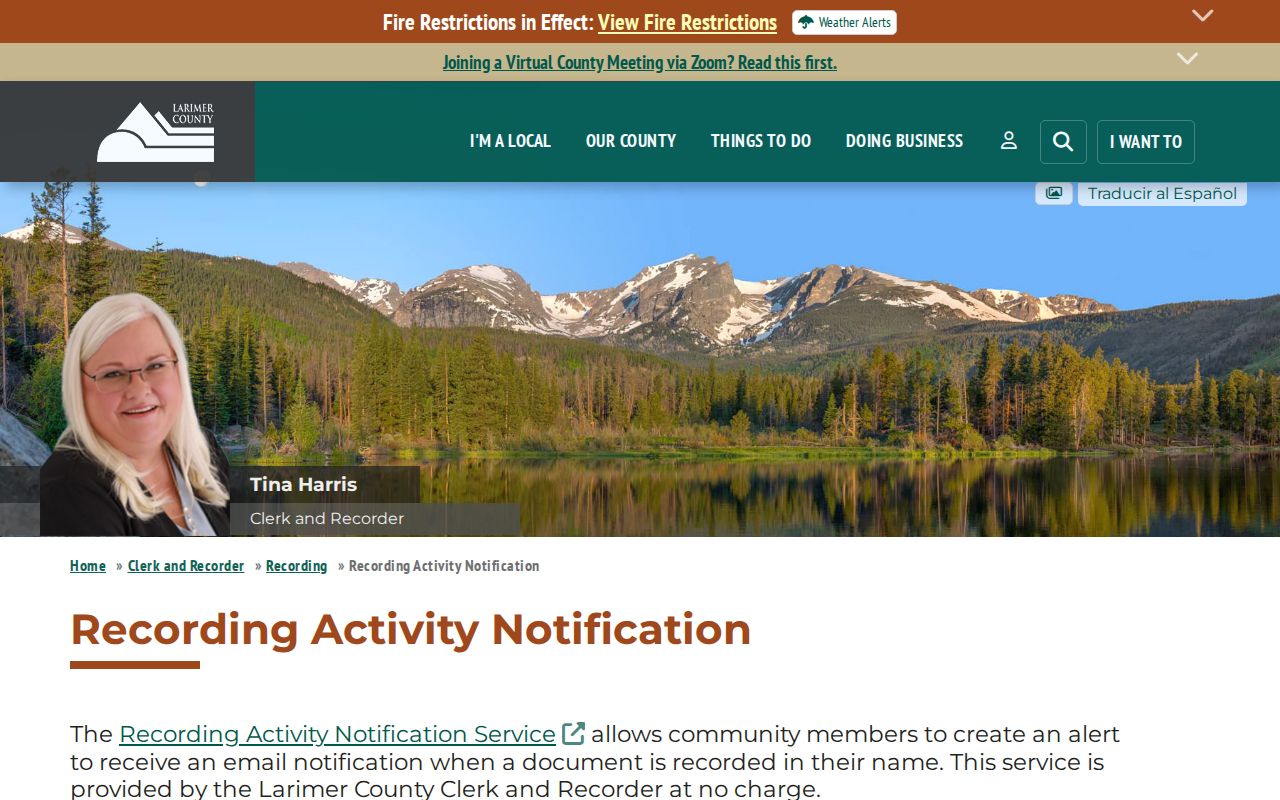 Windsor previous residents view of Larimer recording activity notification
