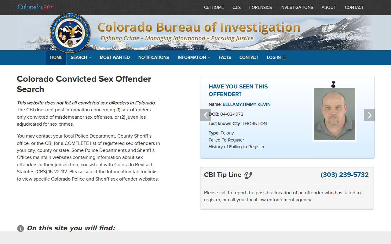 Windsor resident lookup view of the Colorado Bureau of Investigation registry