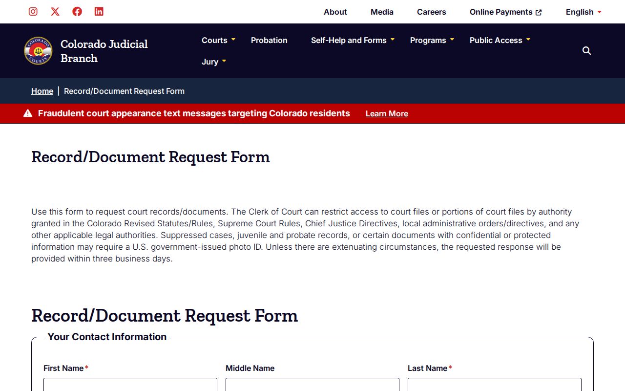 Windsor resident lookup view of the Colorado court document request form