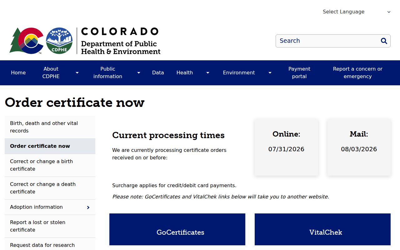 Windsor resident lookup view of the Colorado vital records order route