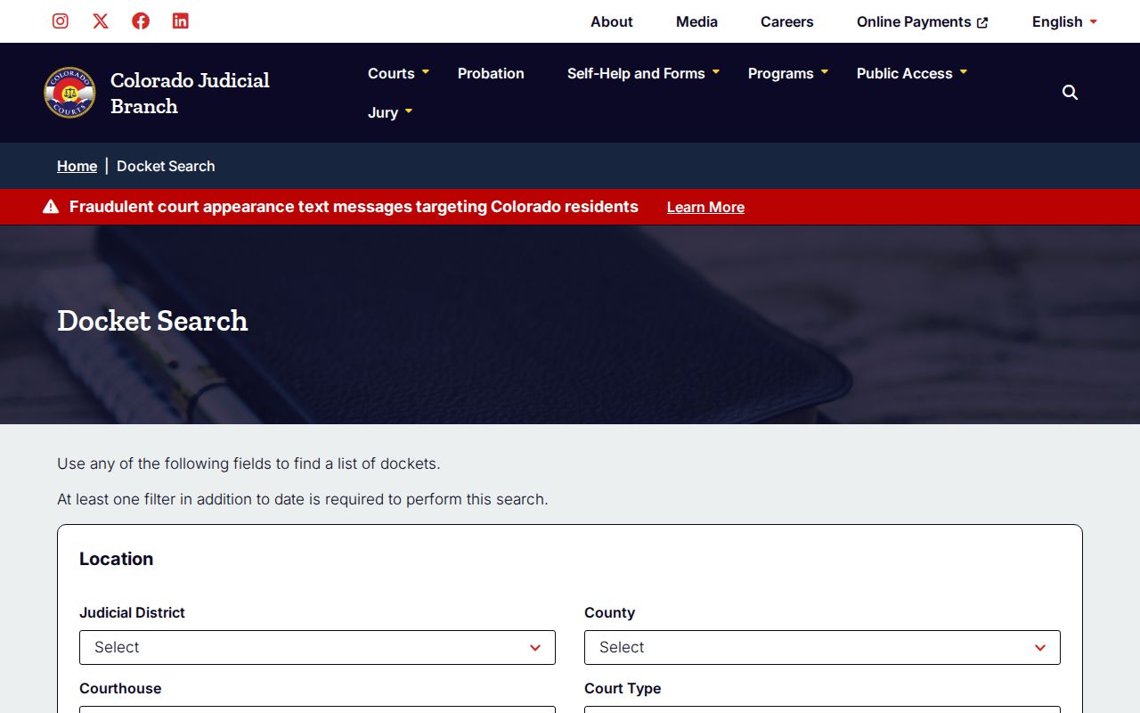 Windsor resident lookup view of the Colorado statewide docket search