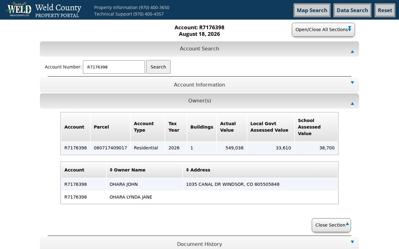 Windsor ZIP code directory view of a Weld County property report